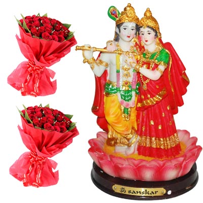 "20 red roses flower bunches -2 pieces.+ Radha Krishna-5 Inches -006 - Click here to View more details about this Product